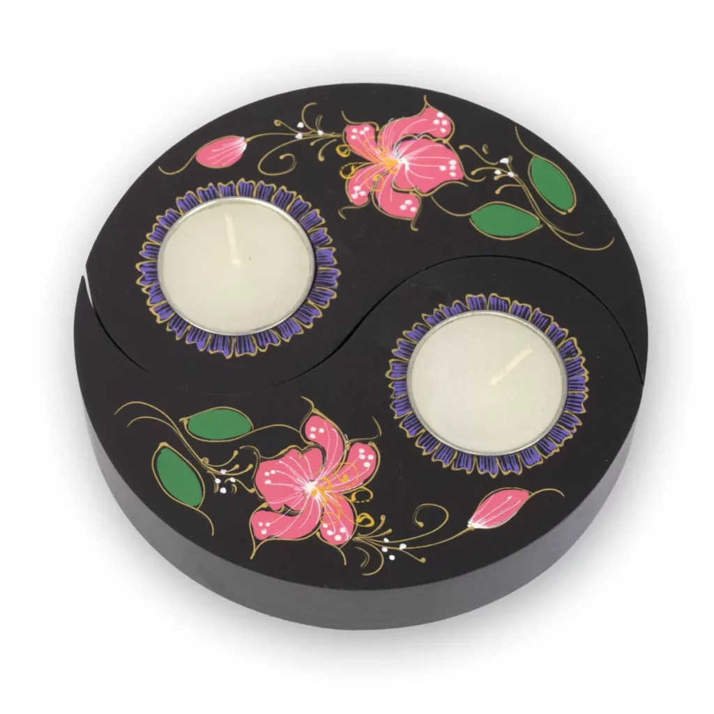 Yin Yang Teelicht – schwarz mit Blumen 2 Kerzenhalter Thai Deko Shop GmbH